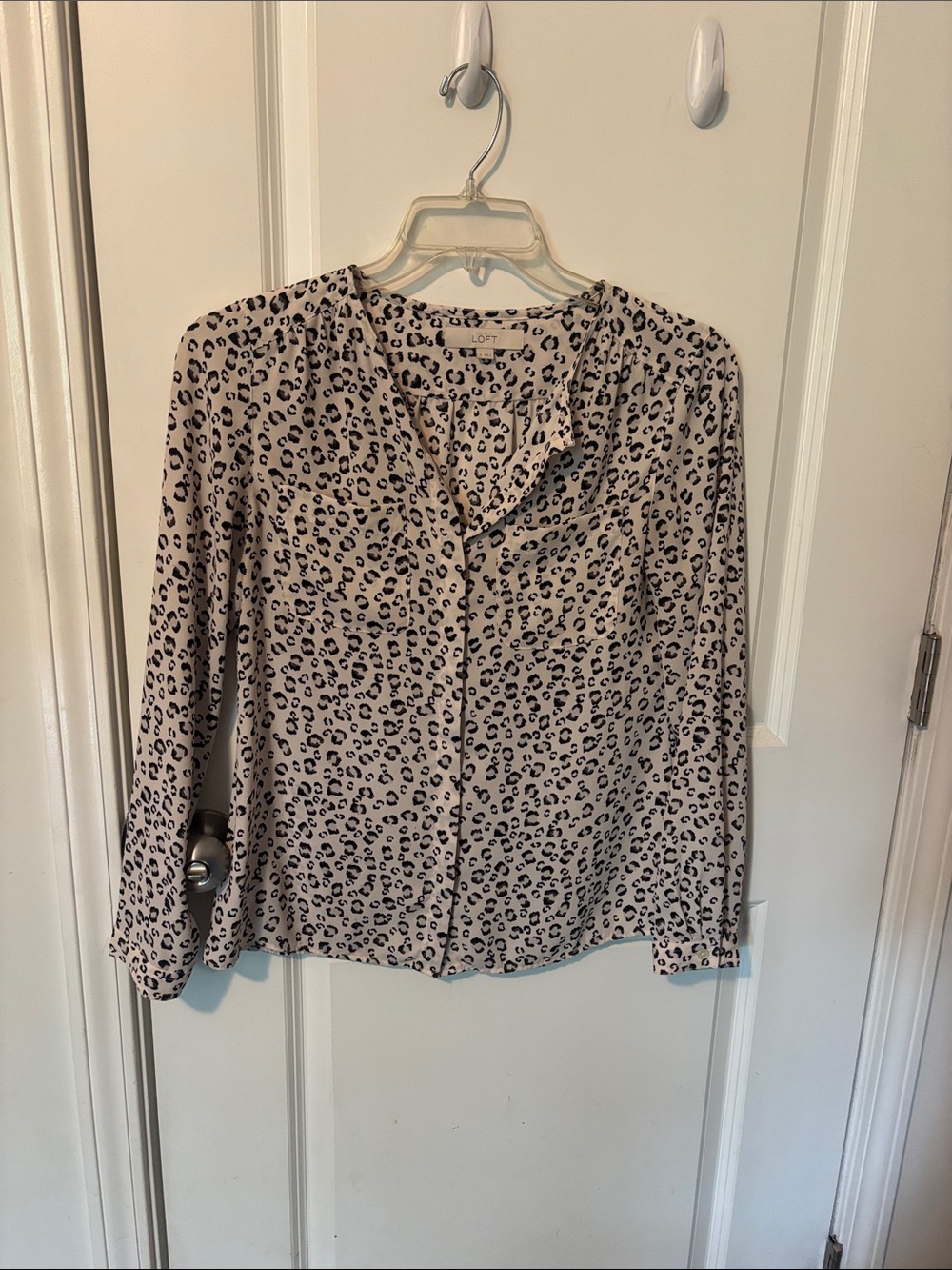 LOFT Cream and Black Leopard-Print Button Down Blouse